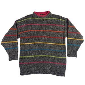 Vintage Sweater Womens Medium Colorful Artsy Chunky Knit Neon Striped Maximalist